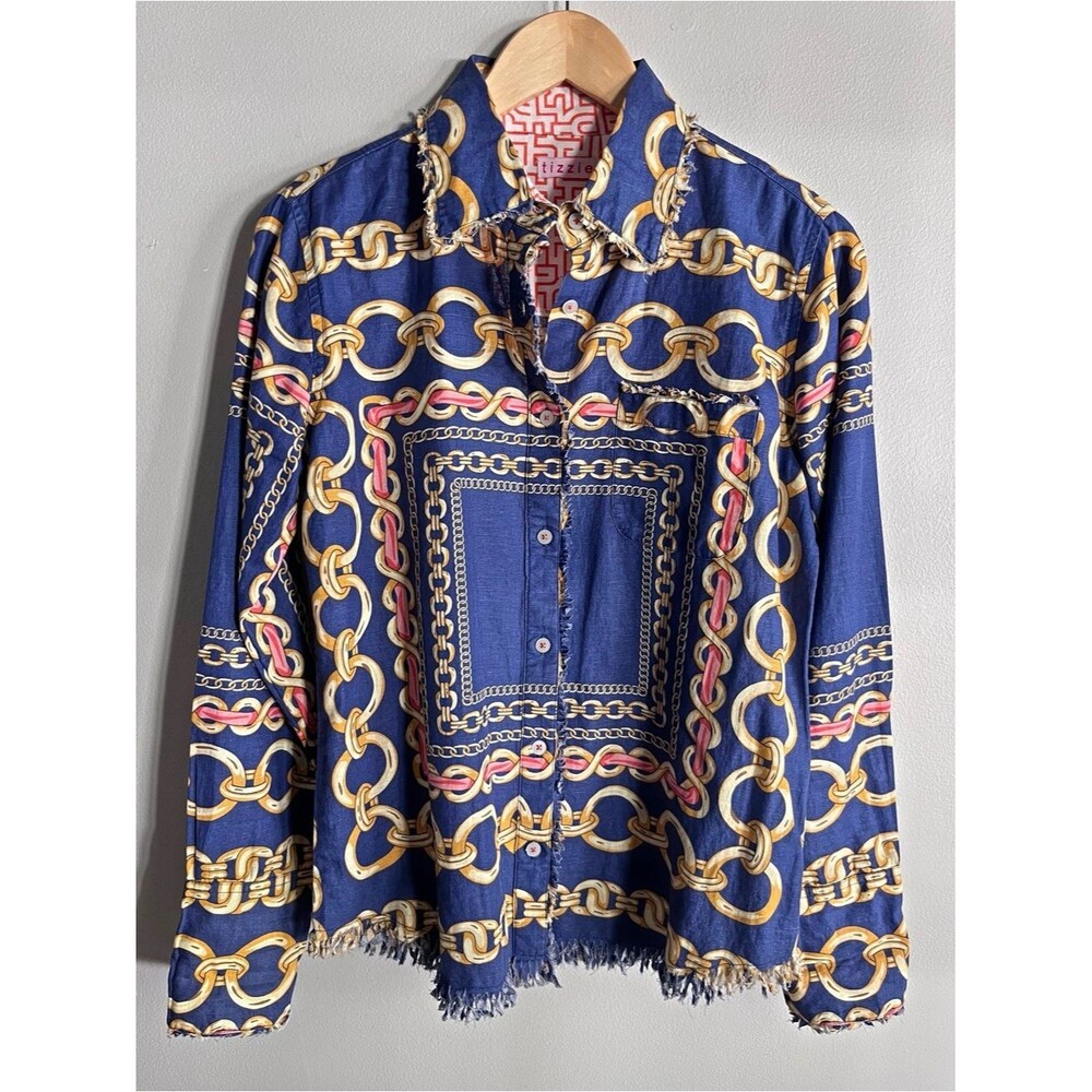 Linen Blend Chain Scarf Print Shirt Small Blue Gold Baroque Button Down